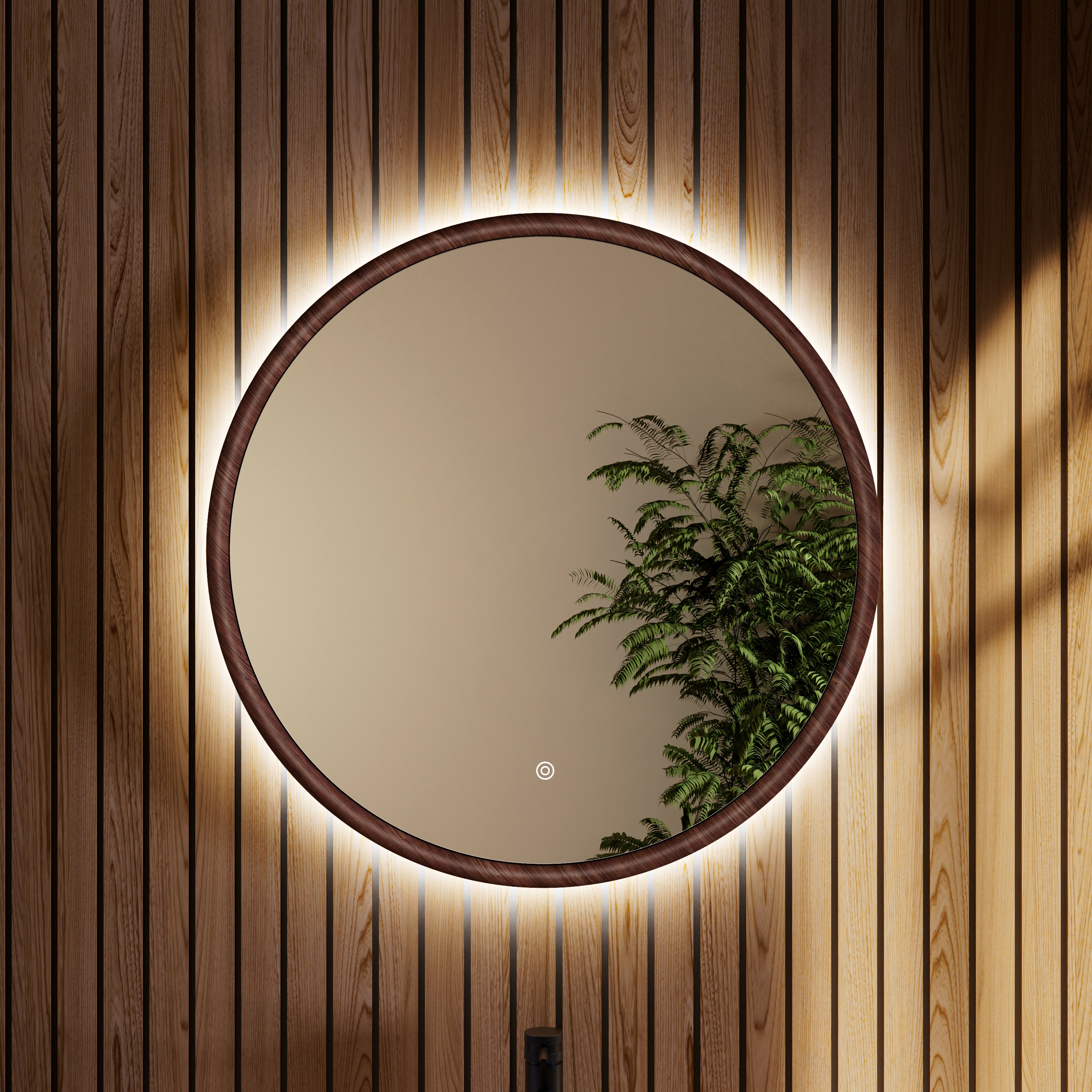 Alfie LED Illuminated Wood Framed Mirror with Trio Stone Wall Light in Dark Wood