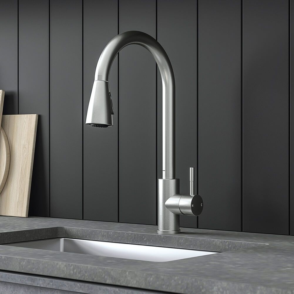 Vellamo Inspire Pull Out Spray Mono Kitchen Mixer Tap - Brushed Steel