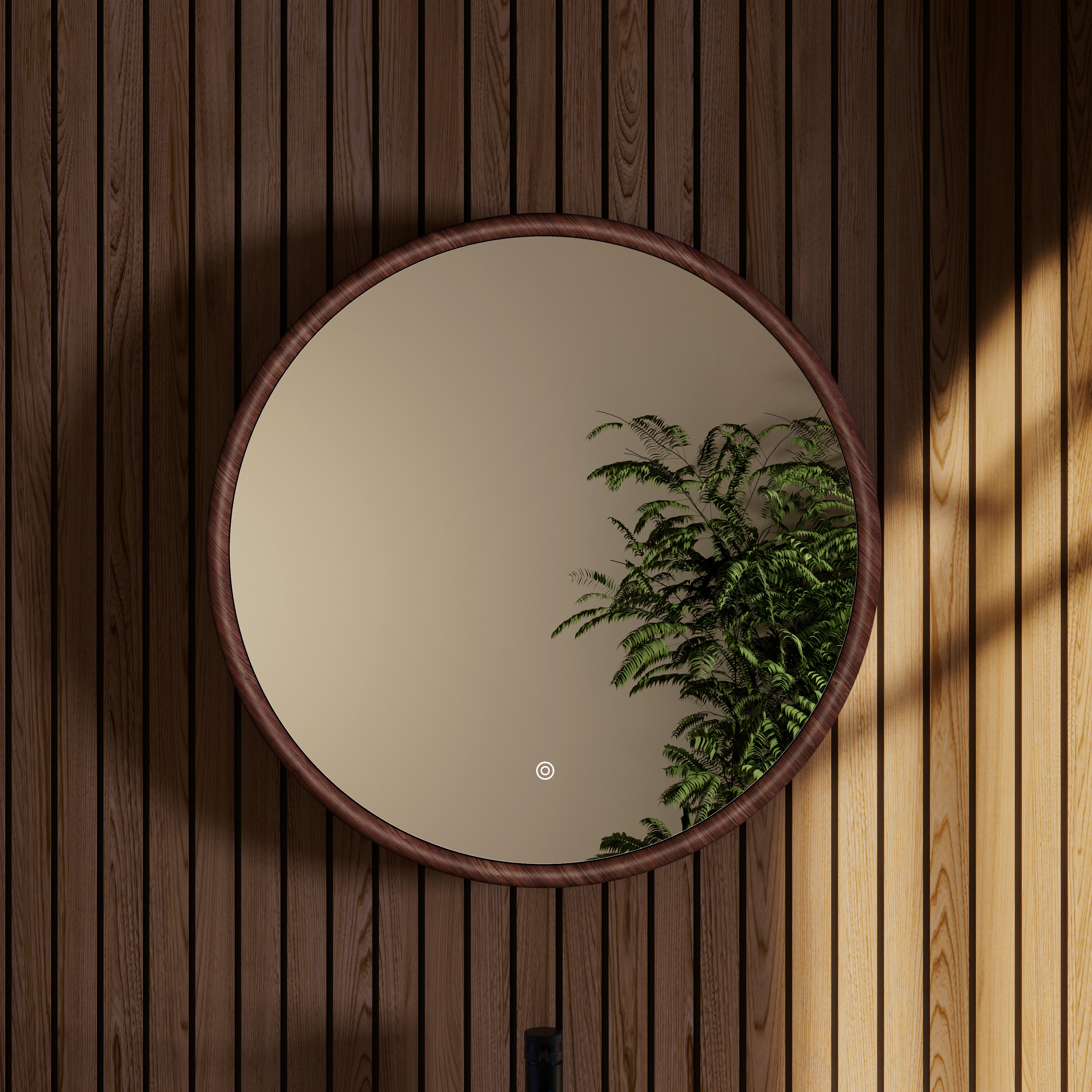 Alfie LED Illuminated Wood Framed Mirror with Trio Stone Wall Light in Dark Wood