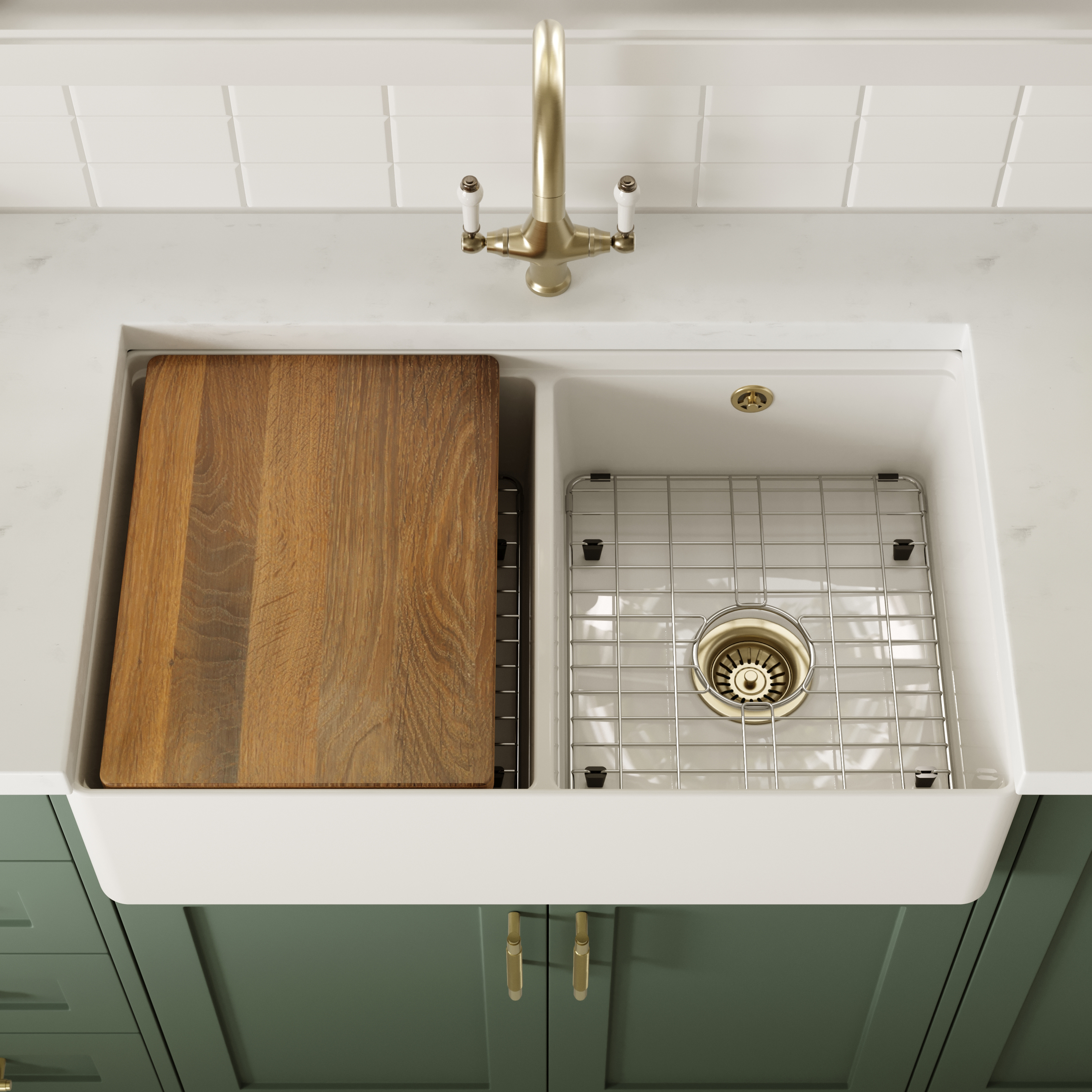 Butler & Rose Ceramic Fireclay Workstation Double Belfast Kitchen Sink & Accessories - 795 x 460mm