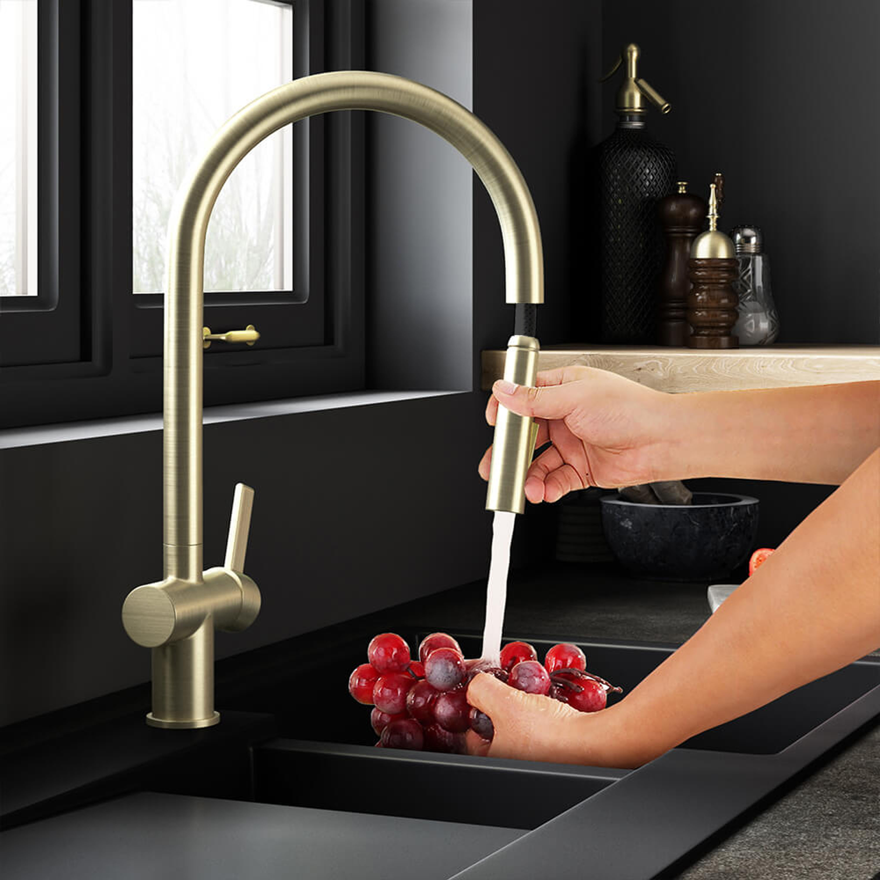 JTP VOS Pull Out Spray Single Lever Mono Kitchen Mixer - Brushed Brass