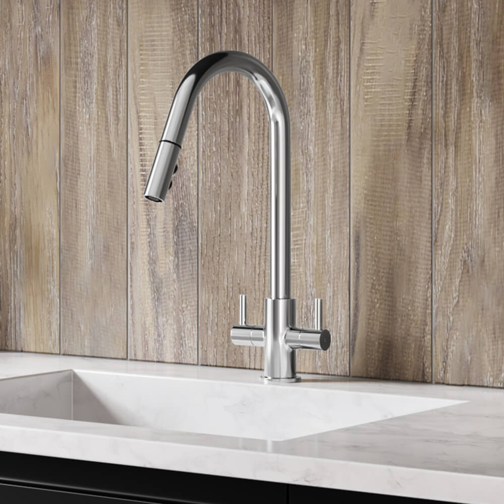 Harbour Pro Twin Lever Mono Pull Out Spray Kitchen Mixer Tap - Polished Chrome