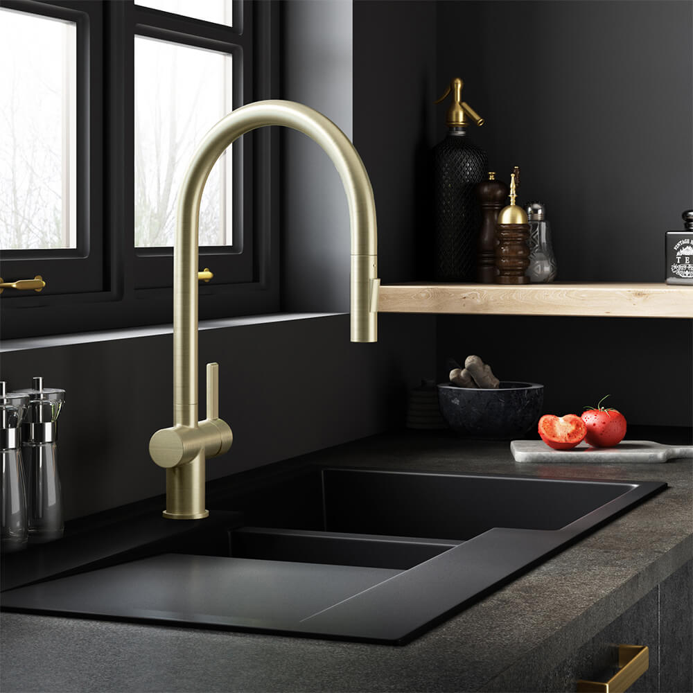 JTP VOS Pull Out Spray Single Lever Mono Kitchen Mixer - Brushed Brass